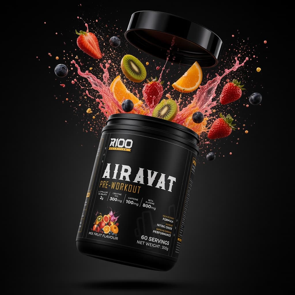 R100 Airavat Pre-Workout Mix Fruit — in action